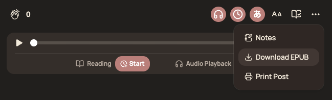 The ⋯ menu open on a blog post, with Download EPUB between Notes and Print Post