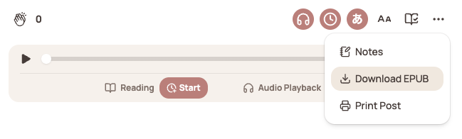 The ⋯ menu open on a blog post, with Download EPUB between Notes and Print Post