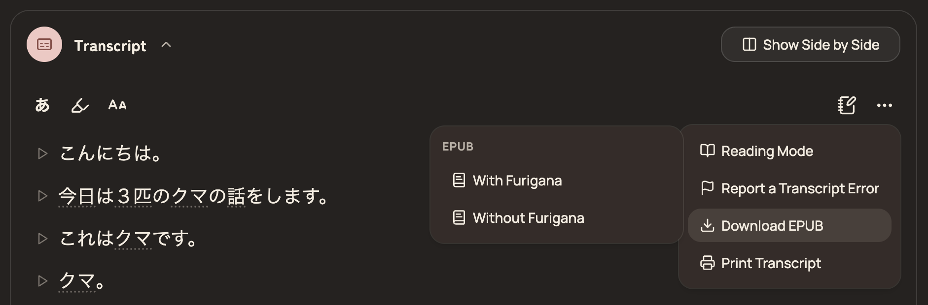 The ⋯ menu open on a video transcript, with Download EPUB selected and a submenu showing With Furigana and Without Furigana